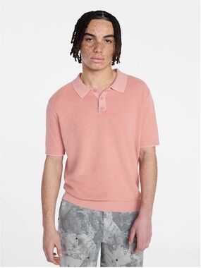 No Boundaries Men’s Polo Mesh Sweater w/ Short Sleeves, Coral Castle, Small